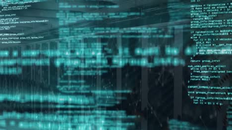 animación del lenguaje informático sobre puntos conectados que forman formas contra la sala del servidor