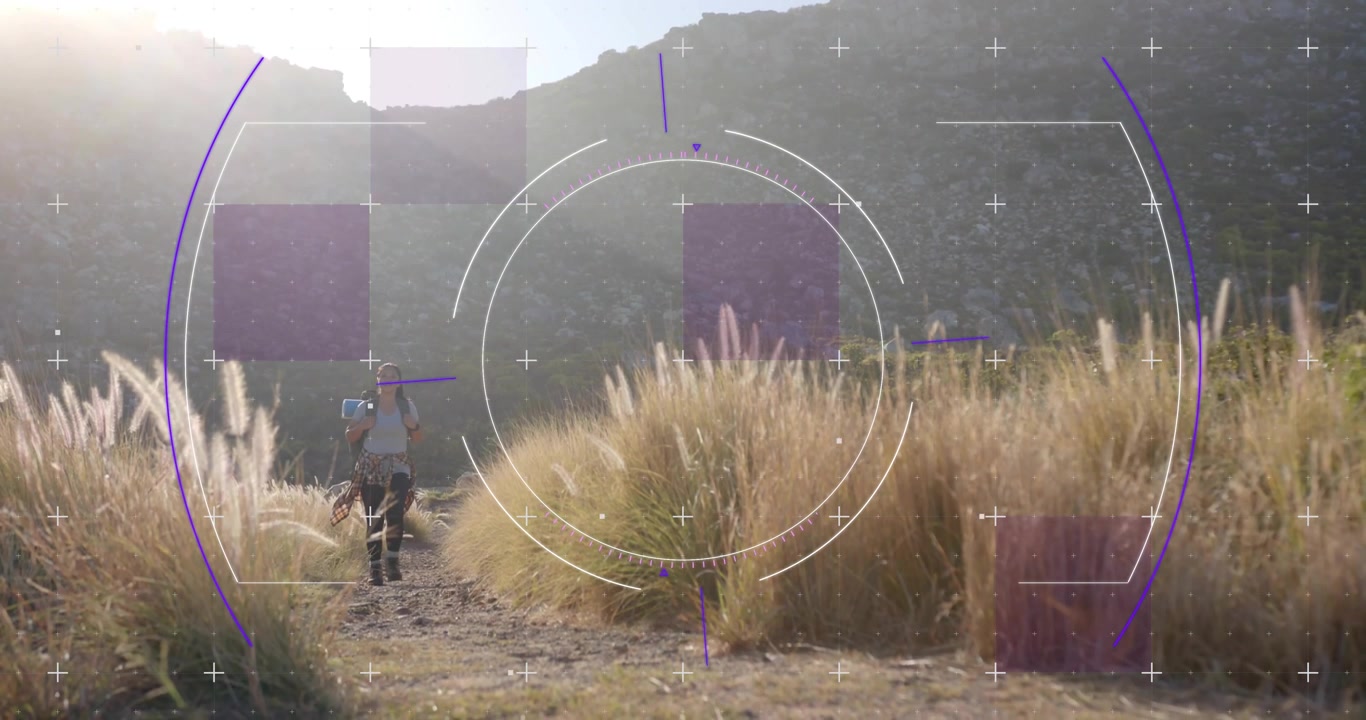 On HUD activation, woman hiking trail sipping bottle with purple squares tracking progress for tech