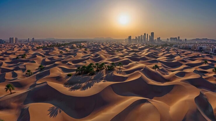 Heure dorée sur des dunes désertiques avec des palmiers et une ligne d'horizon de ville lointaine