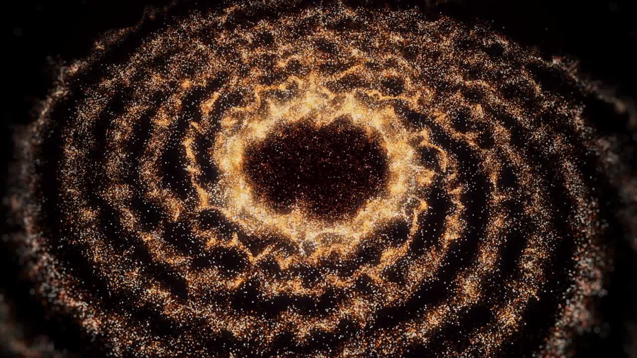 partículas mágicas girando y convirtiéndose en una nube de energía con un anillo en el centro. animación. brillante pequeño polvo espacial volando sobre fondo negro.