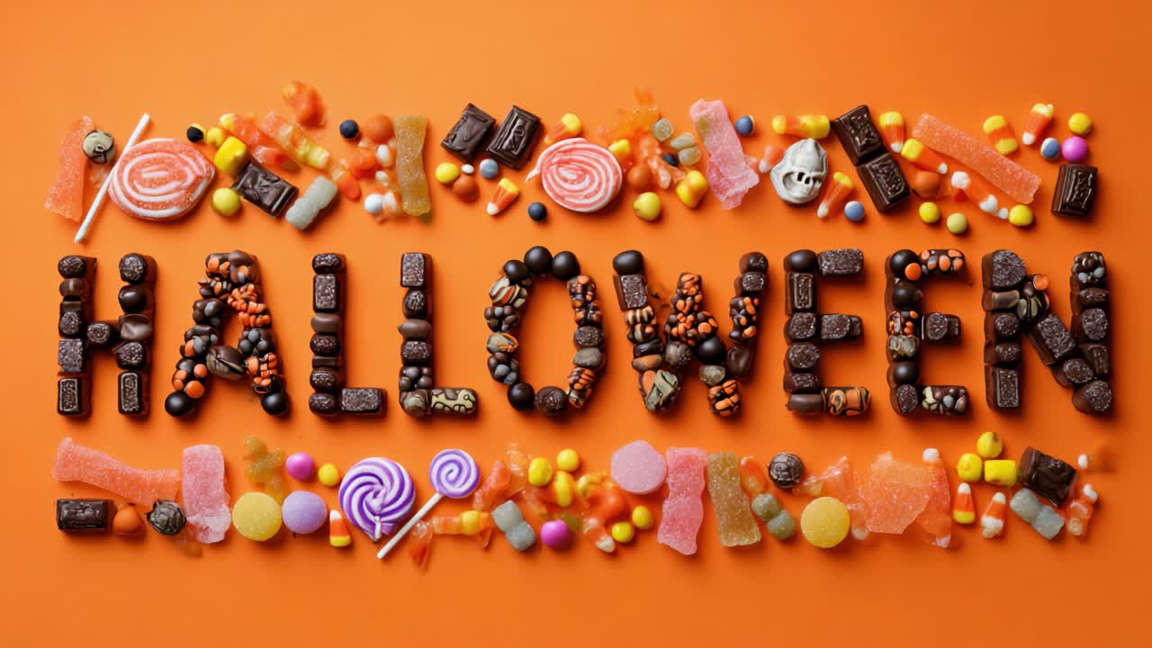 Halloween lettering crafted from sweets, chocolate and candy corn on a bright orange background, ideal for seasonal greetings, party invitations, or spooky autumn design projects