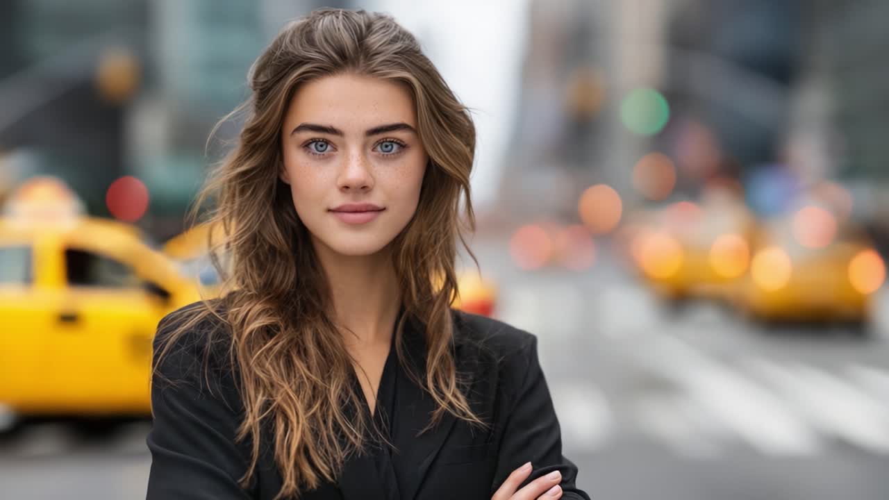 Jovem Mulher Confiante em um Cenário de Rua Urbana com Táxis Amarelos Desfocados ao Fundo, Enfatizando a Vida Moderna da Cidade e o Estilo Individual