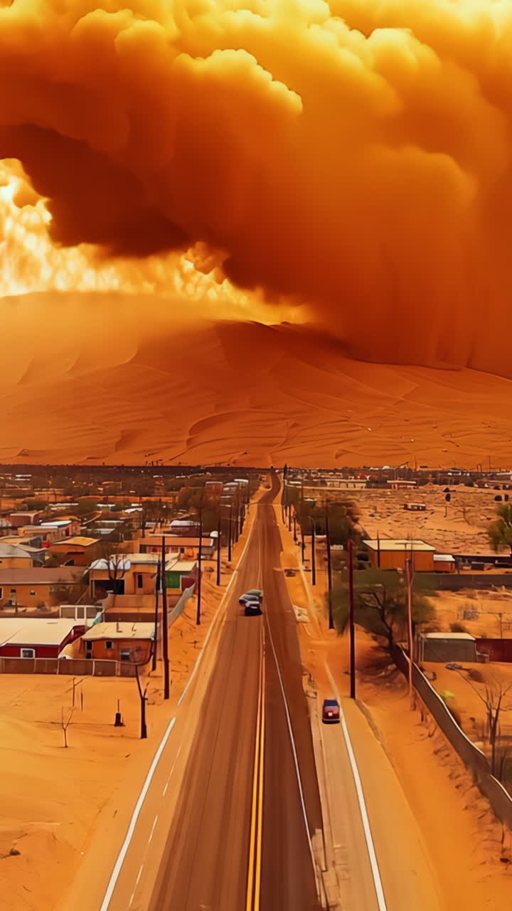 A desert scene with a large cloud of smoke in the distance. The smoke is coming from a fire in the distance