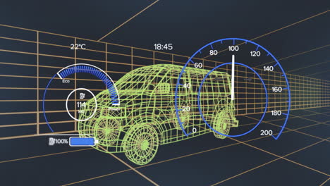 Animation of speedometer over electric van project on navy background
