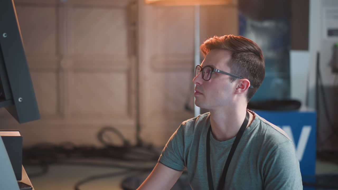 Person sitting and adjusting video equipment in TV studio, focused on control panel and monitor. Studio lights and cables are visible in background as individual works with settings