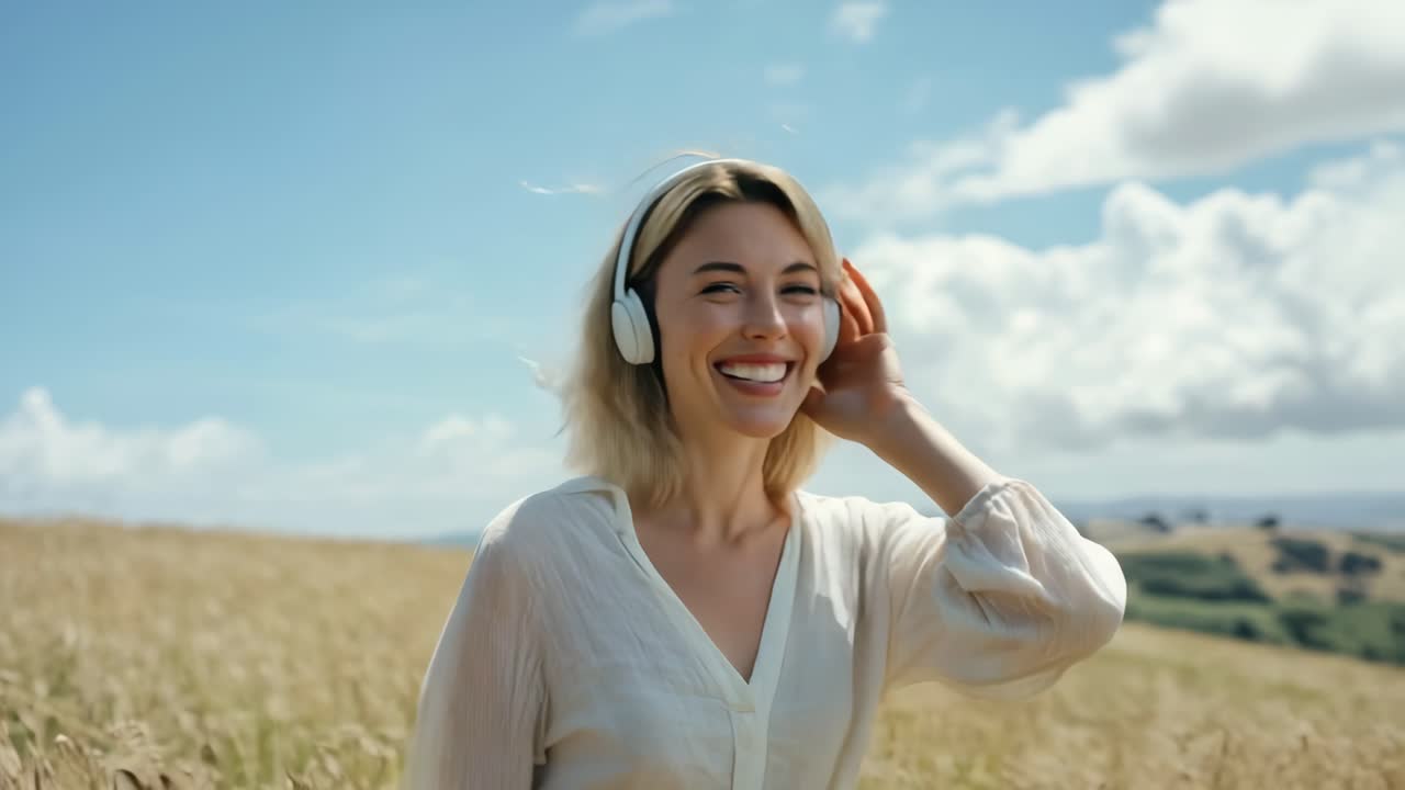 Kulaklıklı neşeli bir kadın güneşli bir tarlada müziğin keyfini çıkarıyor. Alçak açıdan çekilmiş bu video