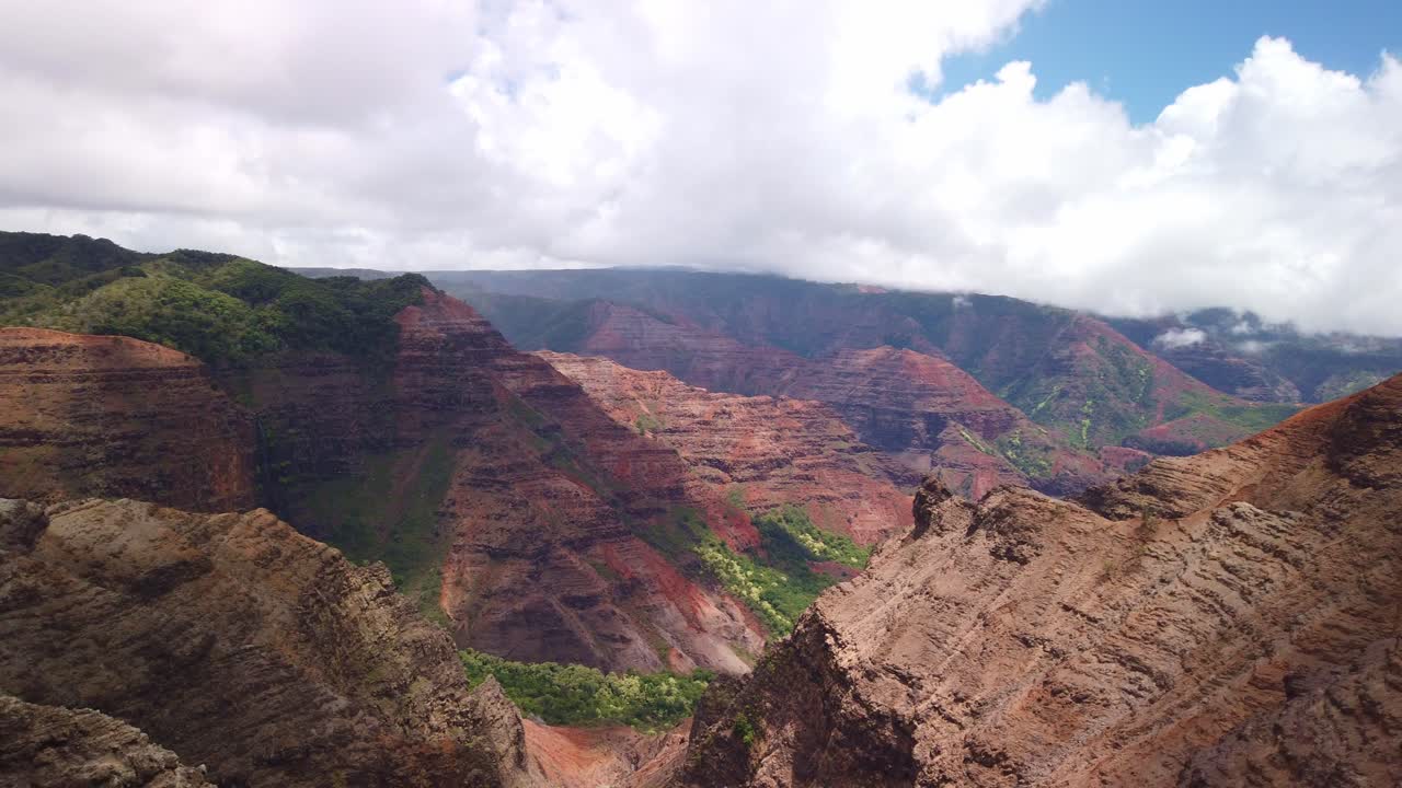 Gimbal wide panning shot overlooking colorful Waimea Canyon on the island of Kaua'i, Hawai'i