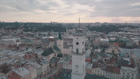 Aerial-panorama-of-the-ancient-european-city-Lviv,-Ukraine.-Town-Hall,-Ratush