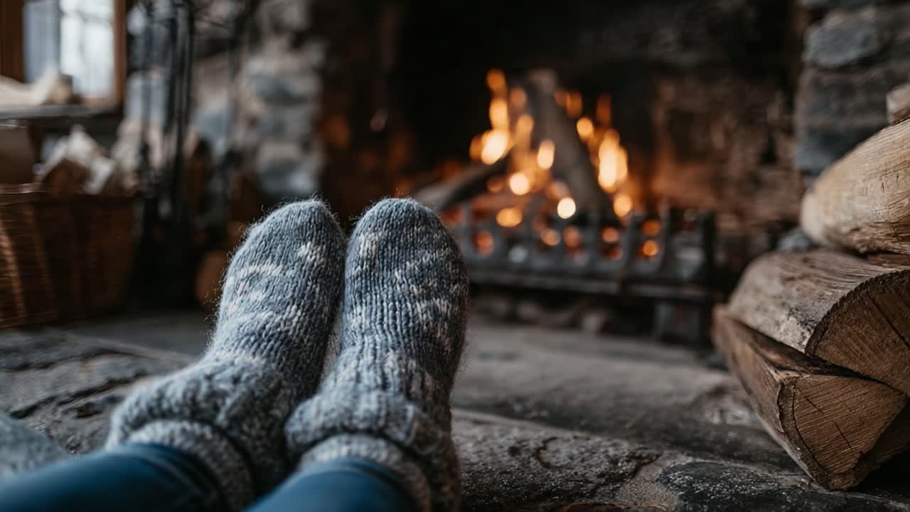 Cozy Comfort by the Fire: A Warm and Inviting Scene Featuring Feet in Soft Woolen Socks Relaxing in Front of a Crackling Fireplace
