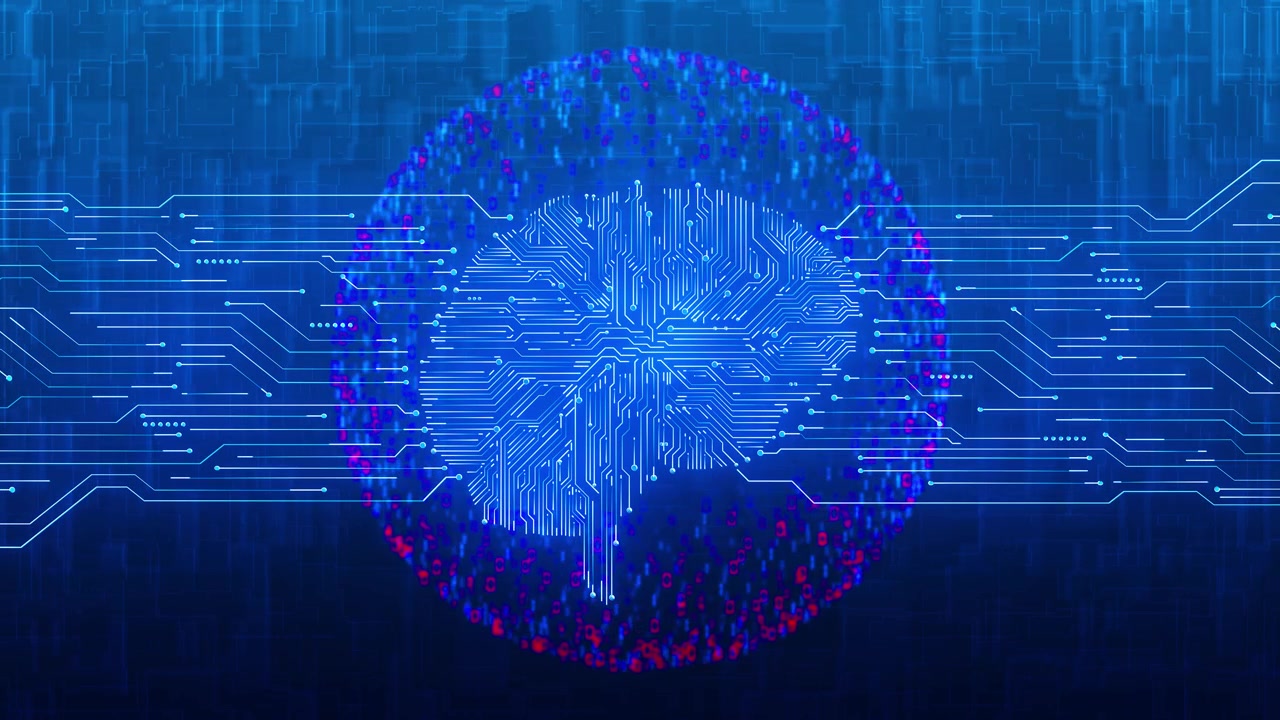Neural processor data sphere visual with bright brain circuit digital rings and blue electronic