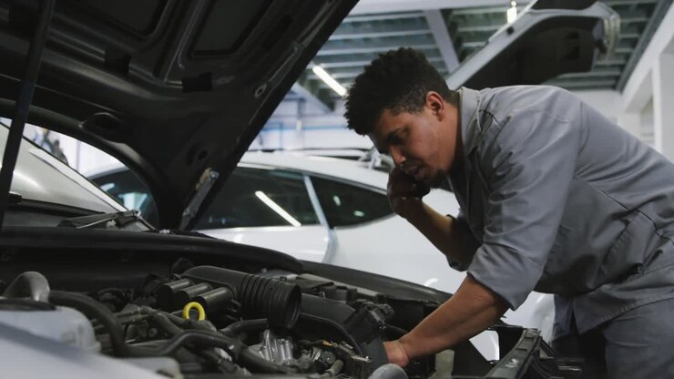 Meccanico d'auto afroamericano che guarda un motore d'auto aperto e parla al telefono