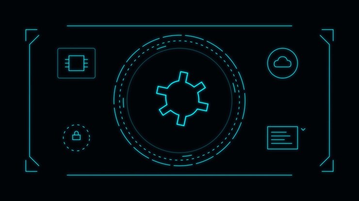 Interface Digital com Ícone de Engrenagem Giratória e Símbolos de Tecnologia