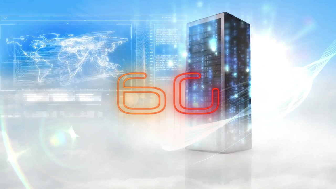 Animation of data processing and world map over 6g text and server