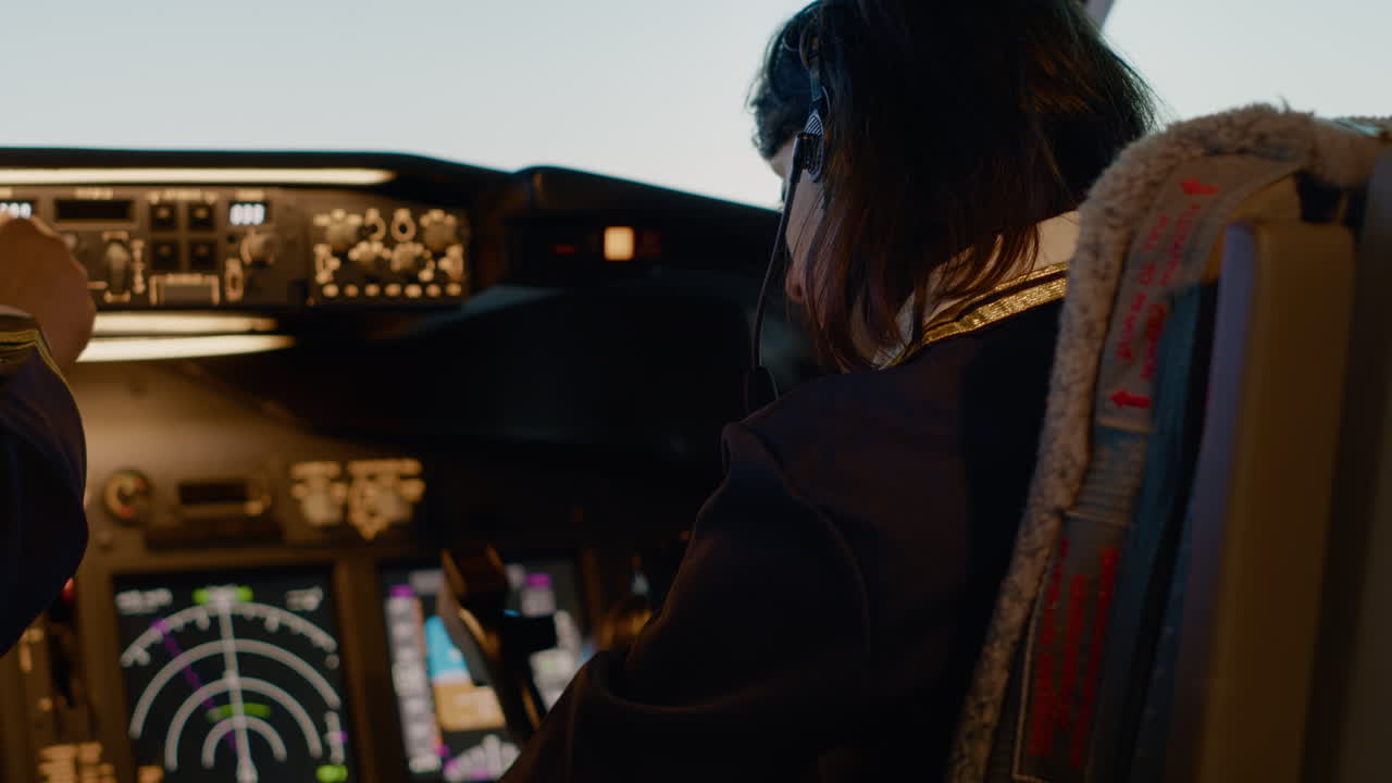 Female copilot pushing dashboard buttons to start engine