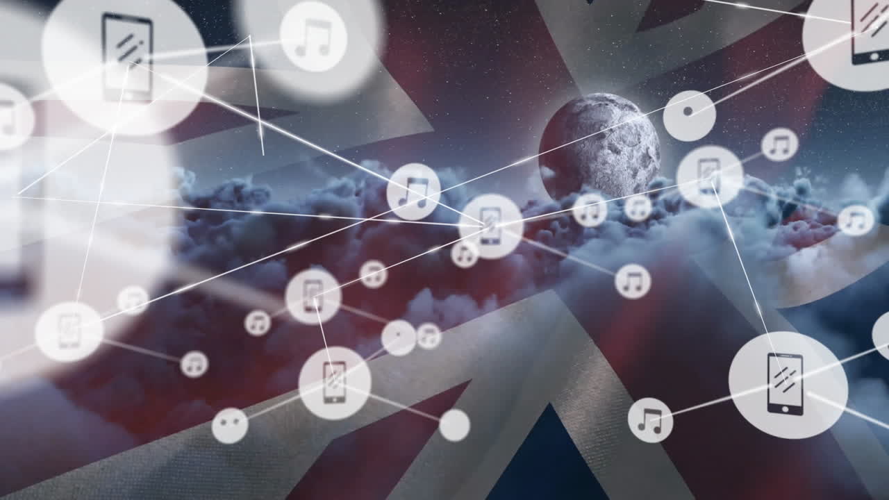 구름 위의 아이콘과 영국의 발을 가진 연결 네트워크의 애니메이션