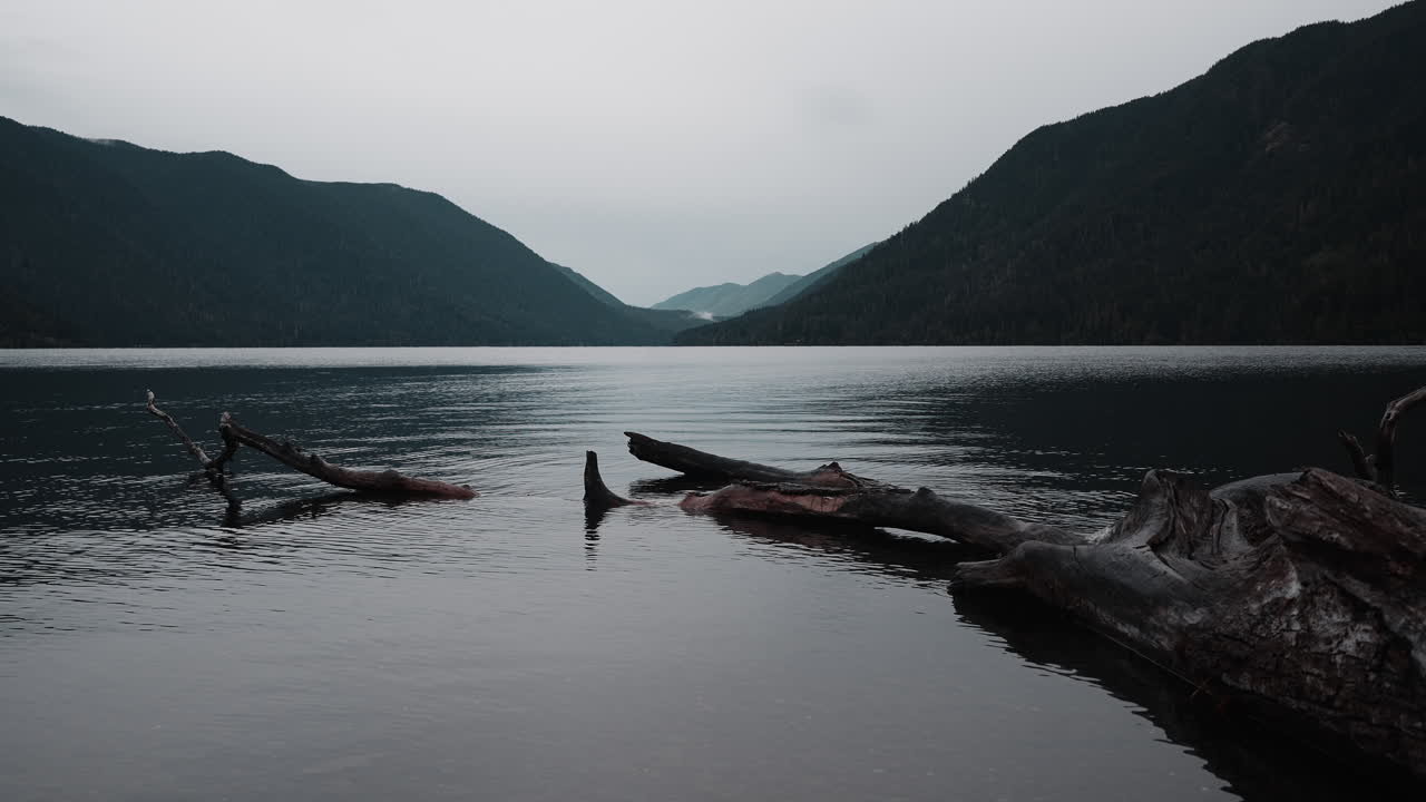 Views of Lake Crescent on a cloudy autumn day. Gentle waves ripple under moody skies, framed by mountains and vibrant fall trees.