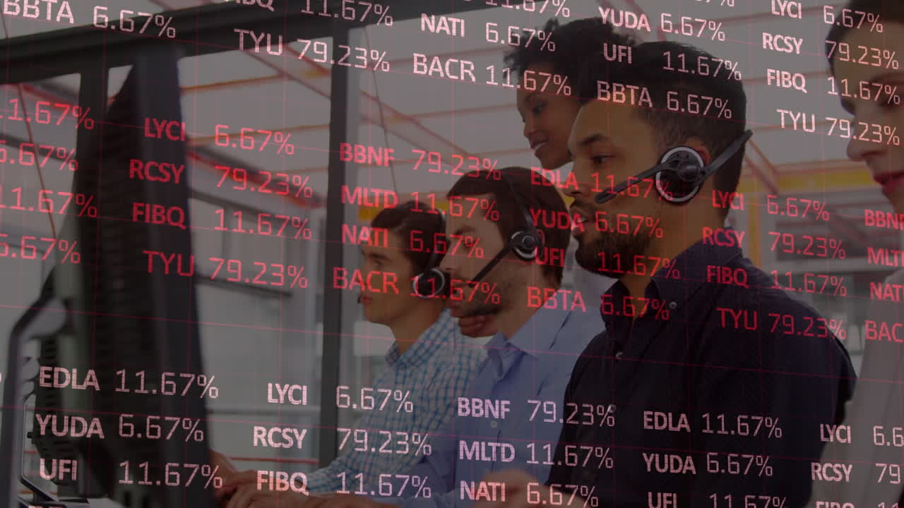 Animation of stock market over diverse business people with headsets