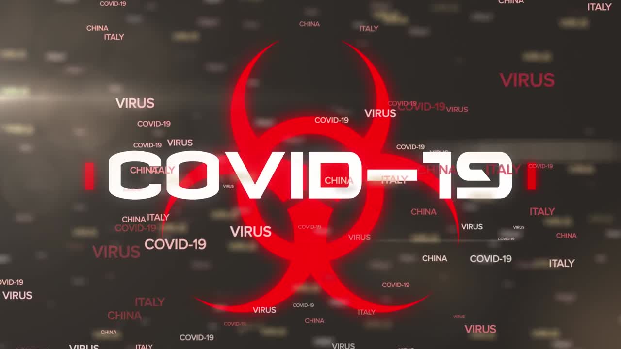 animación del texto de covid 19 sobre el signo de advertencia en fondo negro