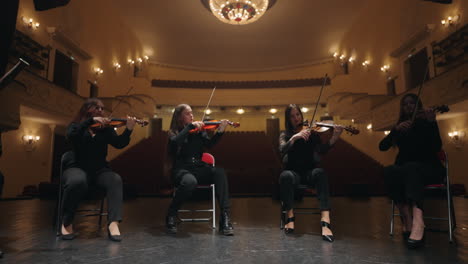 octet of wind and string instruments are playing music on scene of opera house eight musicians