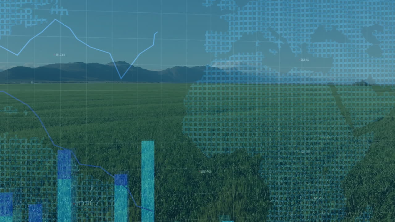 Digital world map grid hovering over green crop field with blue line graph showing data points