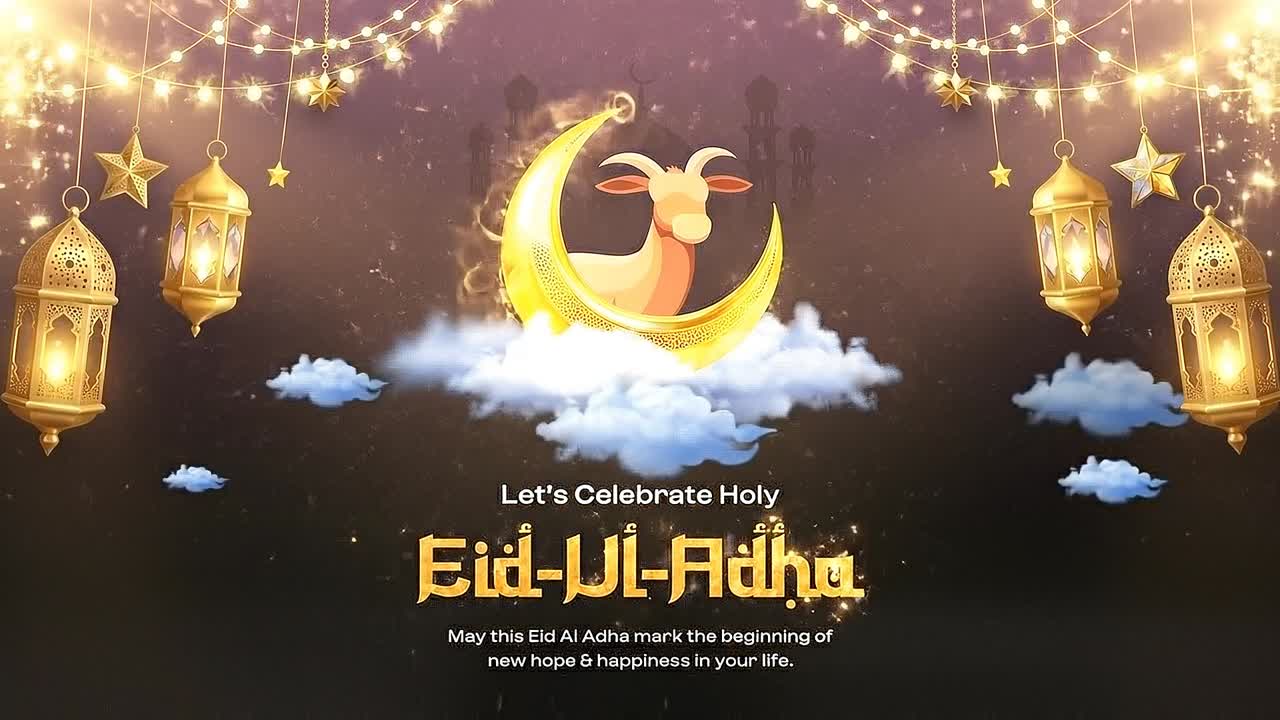 Design per banner animato di auguri per l'Eid al-Adha con capra sulla luna crescente circondata da lanterne luminose.