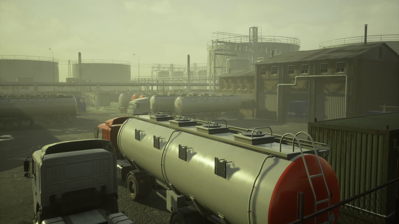 Industrial area with trucks and oil tanks during a foggy day in the morning