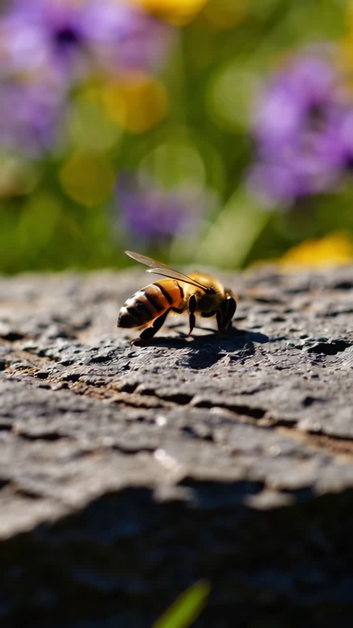 Bee on a stone in a flower garden
