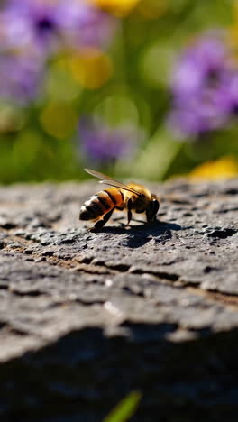bee on a stone in a flower garden