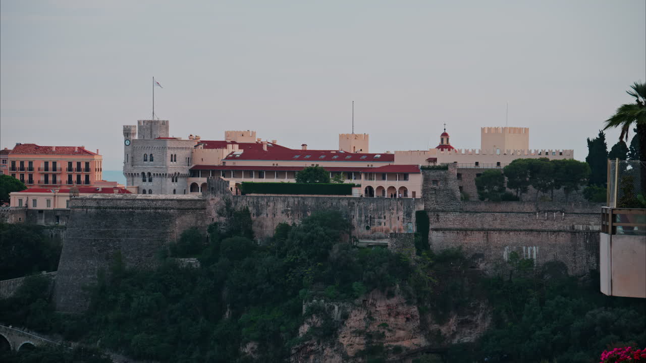 Distant aerial view of the Prince's Palace in the skyline of Monaco