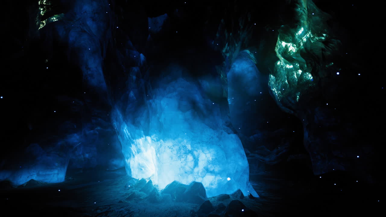 Illuminated cave with vibrant blue and green crystals visible in the dark