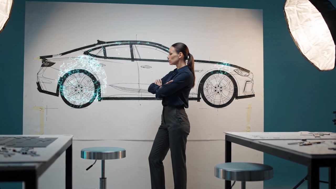 Un diseñador seguro analiza conceptos automotrices innovadores en un estudio moderno, de pie junto a un boceto de coche a medio hacer bajo una brillante iluminación de estudio