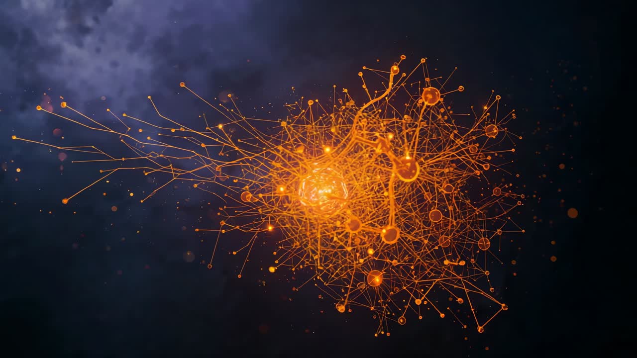 Brightening core urging orange network sending filaments over cloudscape, forming loops, copy space