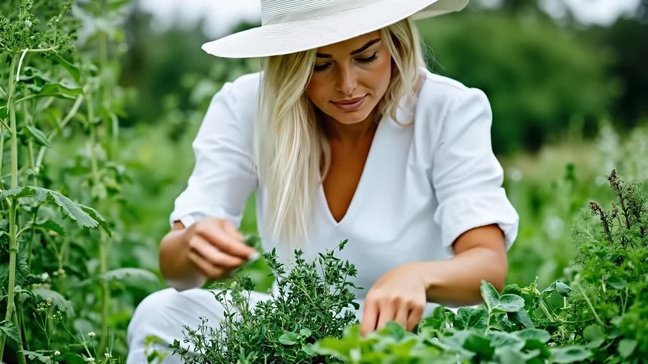 A woman in a white hat picking herbs in a field