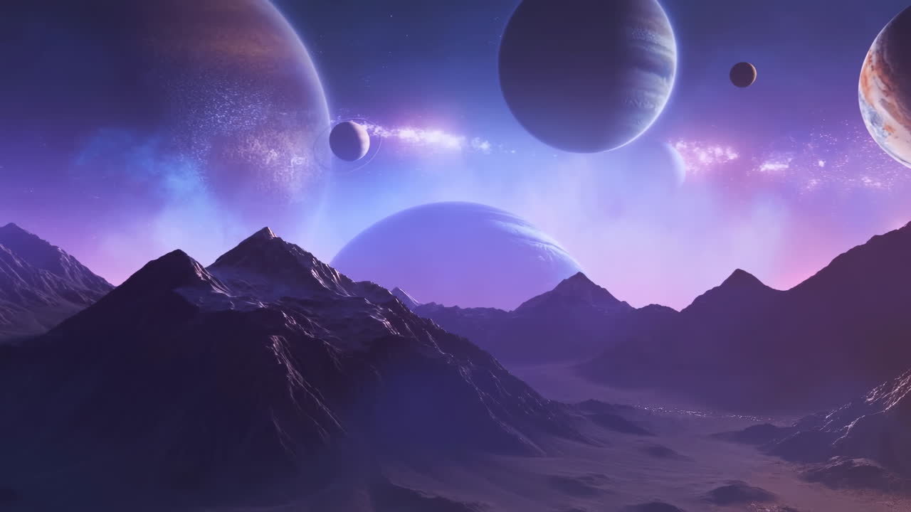 Stunning Alien Landscape with Multiple Planets in a Purple Sky