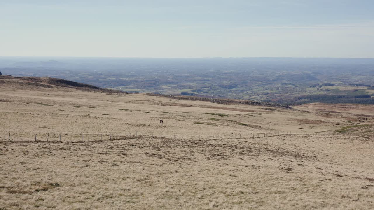 excursionistas caminando por un prado árido bajando una montaña, ultra ancho