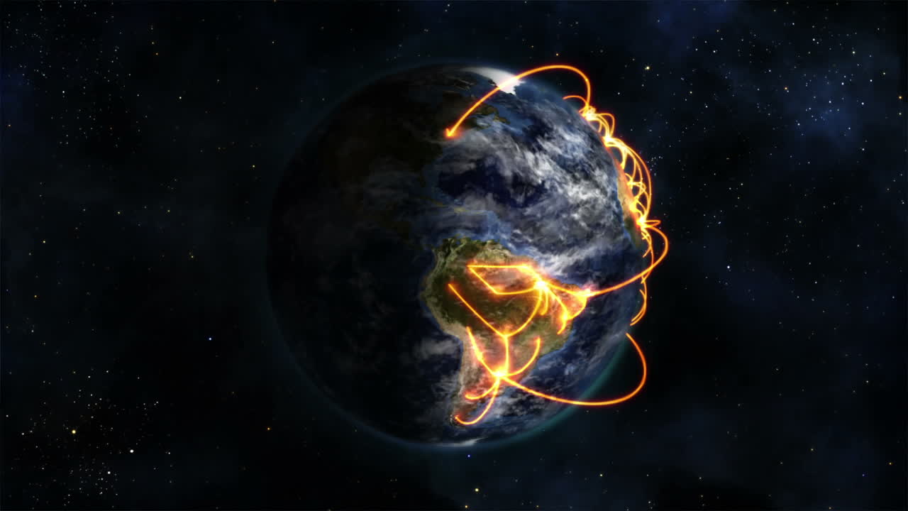 Animated Earth rotates with clouds and orange links, image by Nasa.org.