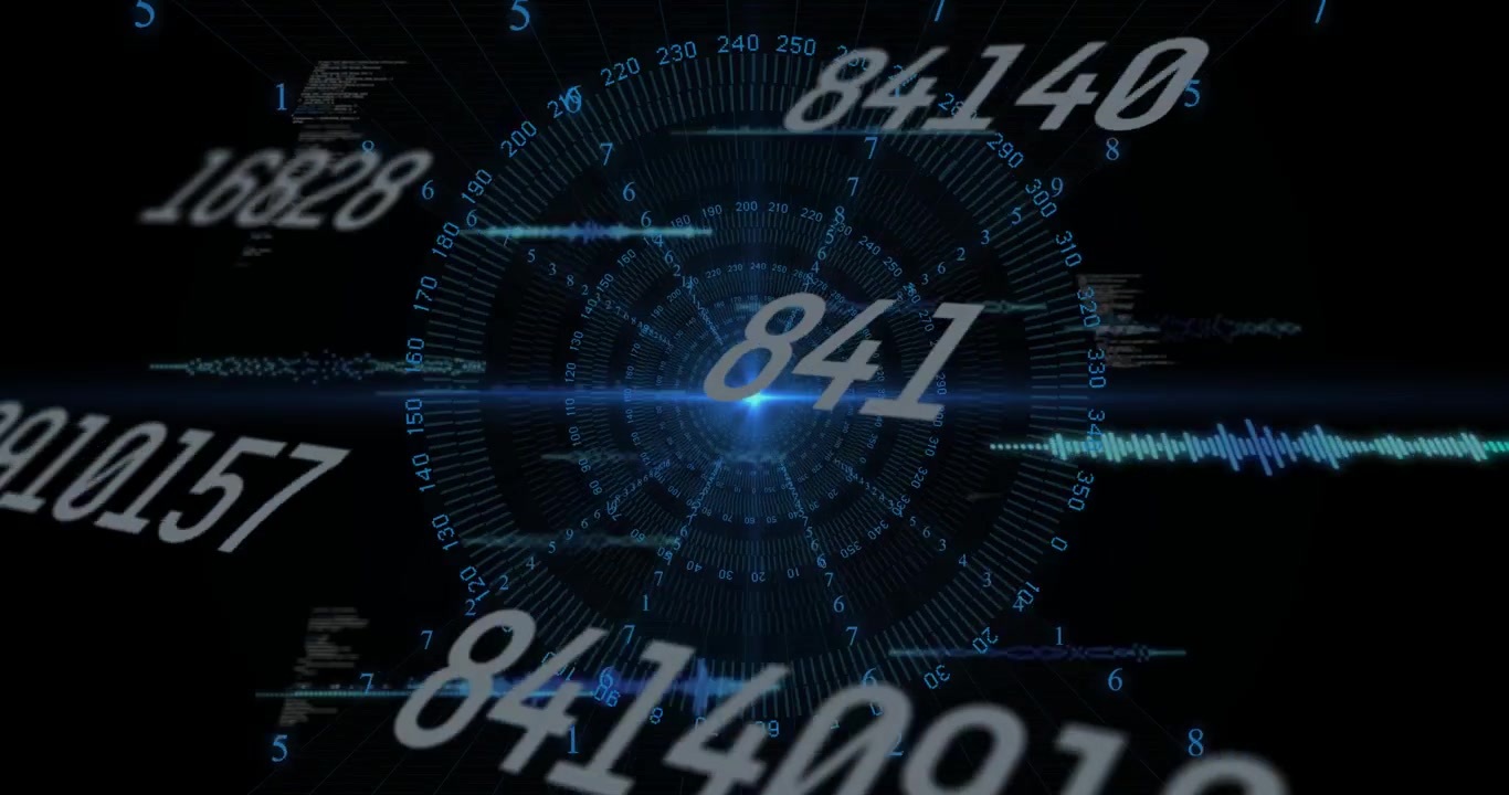 Tunnel di dati digitali con numeri rotanti ed elementi HUD