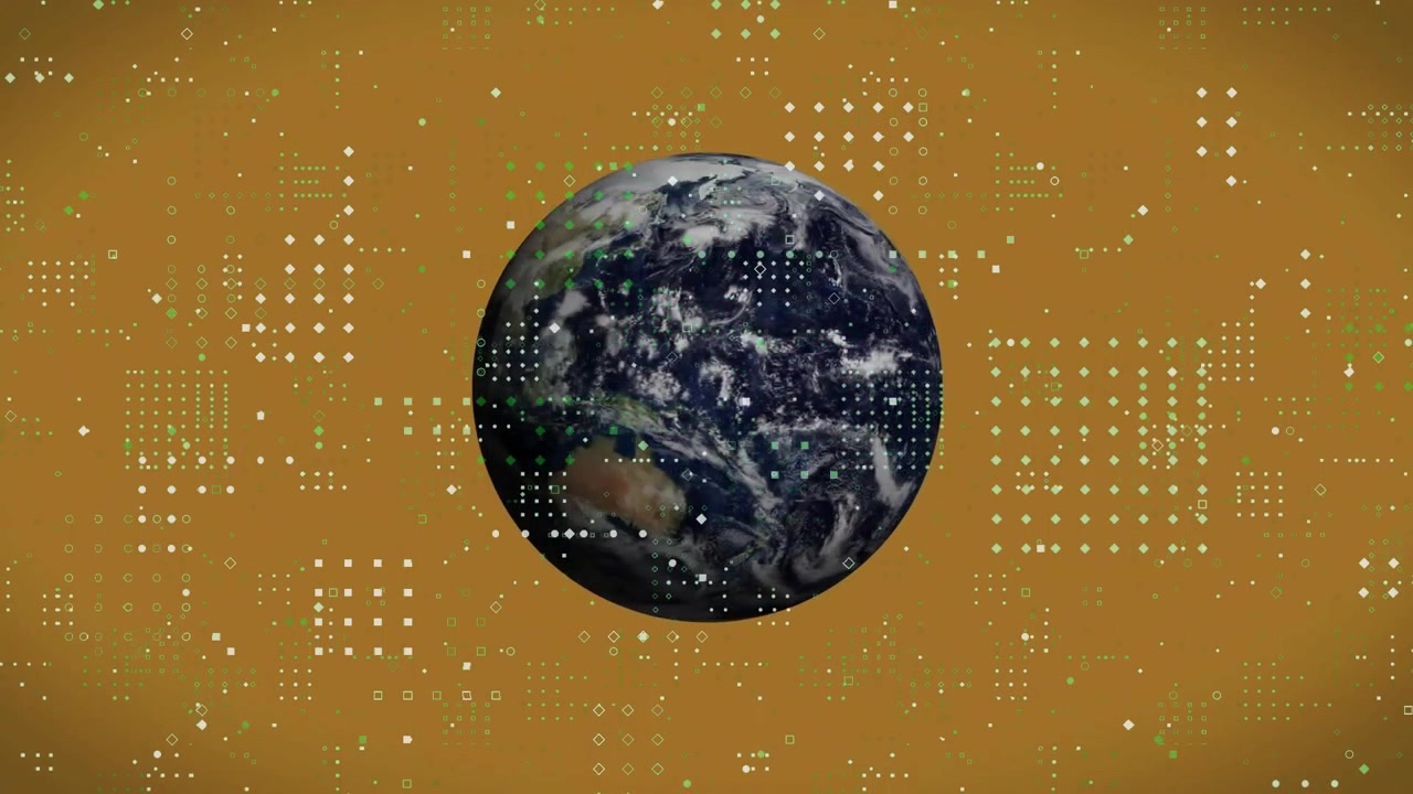 Globo terrestre se abrindo, crescendo e girando, enquanto uma grade colorida pulsa e recua, mostrando um desvanecimento de pixels.
