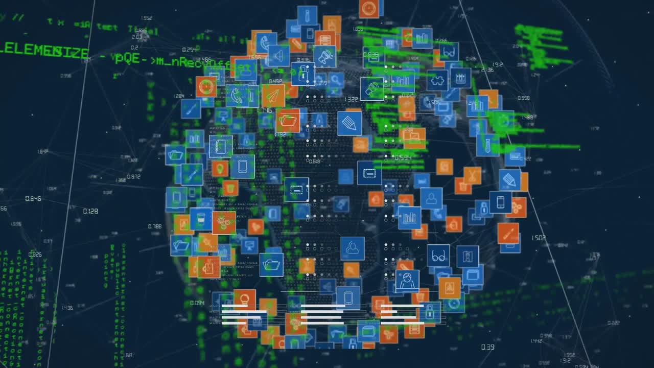 Animation of data processing over globe with icons