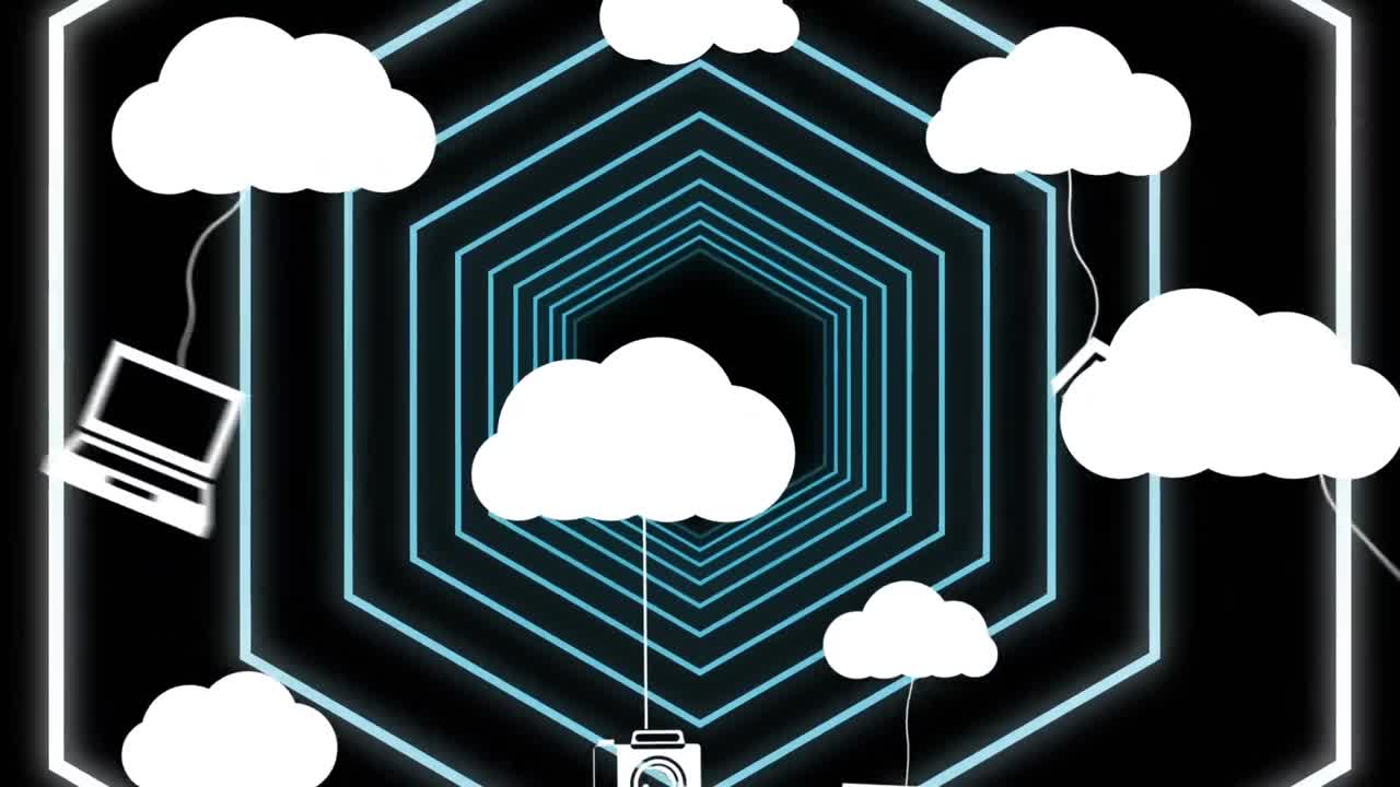 네온 육각형 위에 아이콘으로 구름의 애니메이션