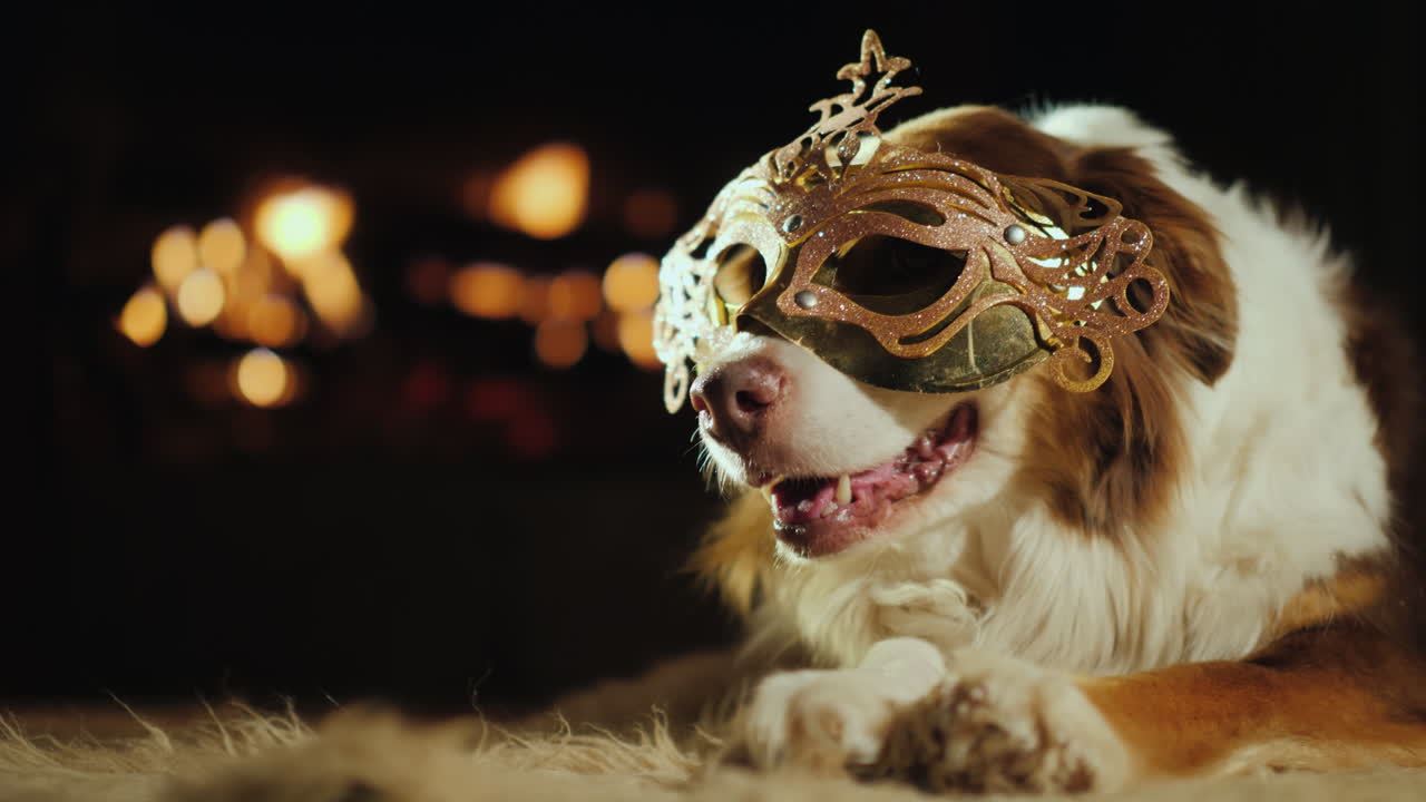 un perro con una máscara de carnaval yace junto a la chimenea tema festivo con mascotas