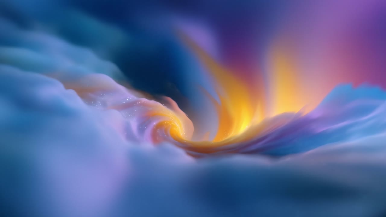 Spiral abstrak yang menawan dalam warna-warna lembut, menggambarkan perjalanan kosmik melalui awan eteris dan cahaya cerah dalam suasana bak mimpi.