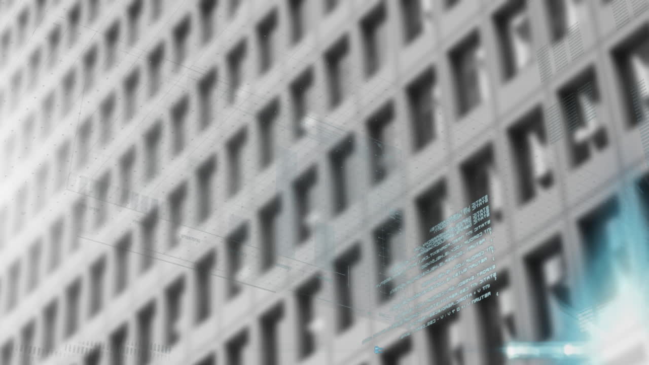 Animation of financial data processing over office building