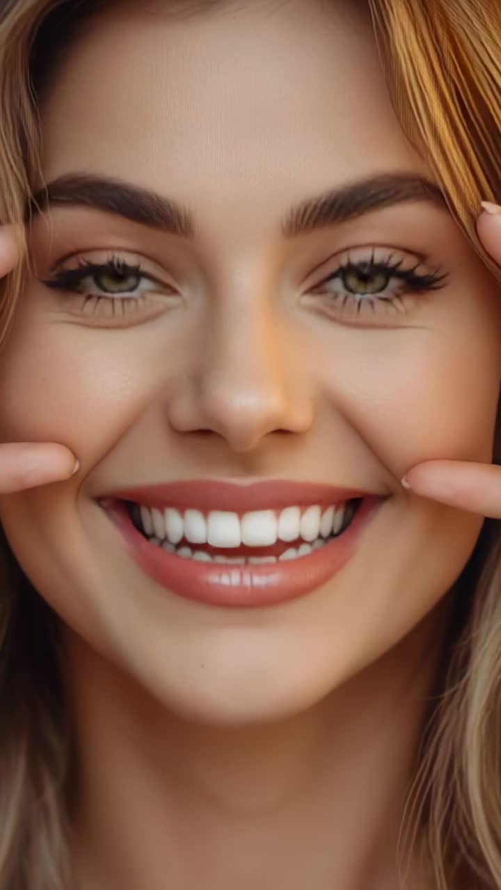 Vertical video: Smiling woman on camera cue, pressing fingers into cheeks for posing in studio
