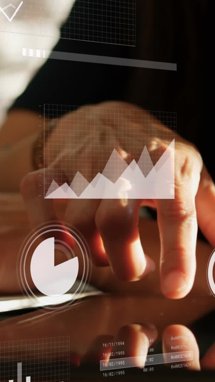 Animation of financial data processing over businesswomen using laptop