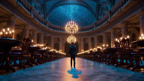 child walking through a grand hall