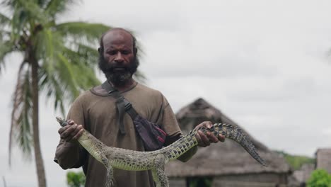 medium close up shot, indigenous man holding a crocodile, blurred view hut in the background.
