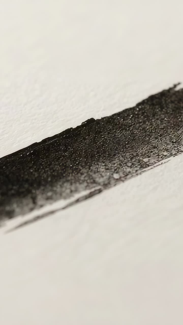 Vertical video: Panning camera moving across studio table revealing cracked black brushstroke grain