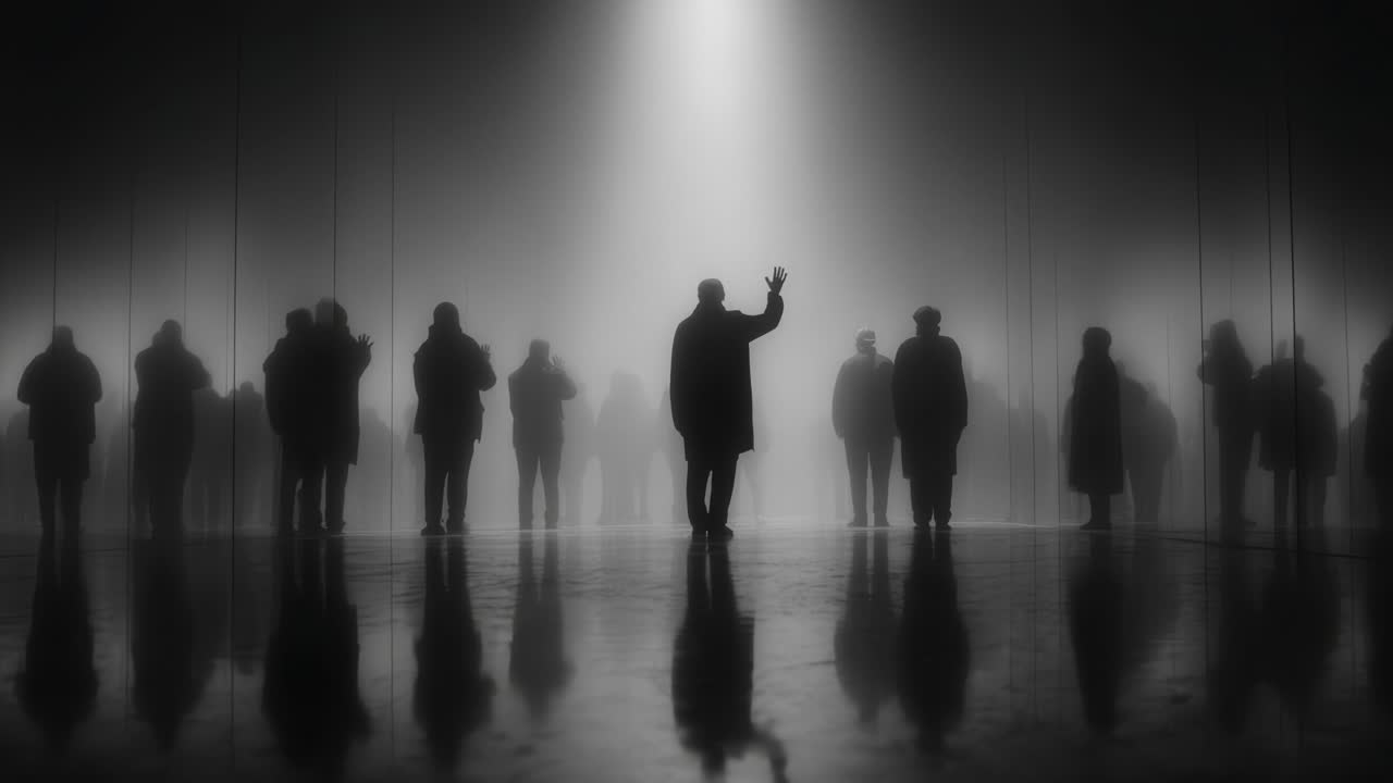 A solitary figure stands in dramatic lighting, reaching out towards an unseen audience, surrounded by a sea of shadowy silhouettes in a hauntingly atmospheric scene