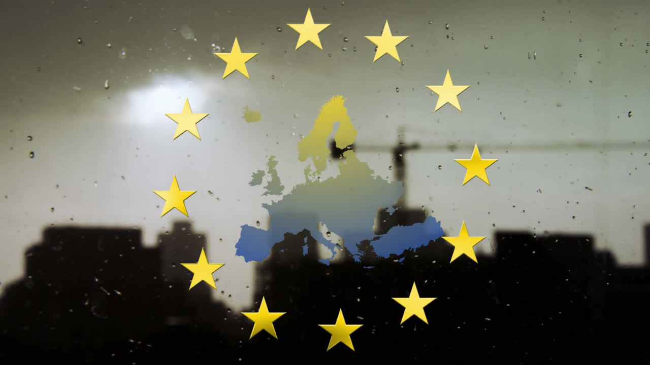 배경의 건설 현장에 대한 eu 지도 위에 회전하는 별